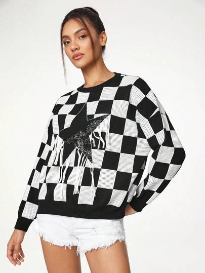 Umamao Estudio Artist Plaid Sweater With Pentagram Patterned Tassel Decoration, For Holiday, Vacation, Festival, Ibiza Fits Knit Pullover Fall Winter Sweater