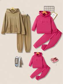 男士字母压花连帽衫和运动裤，休闲街头服饰套装，春季 - 卡其色 - 查看 3