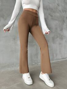EURMUSE Solid Color High Waisted Flared Pants - Mocha Brown - View 3