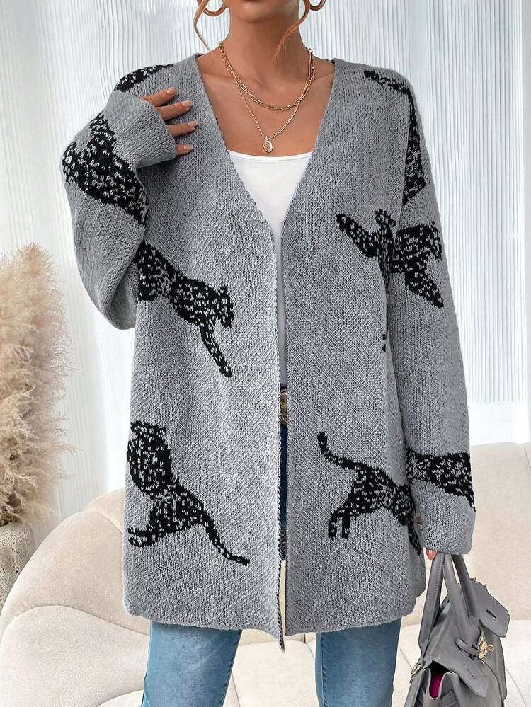 Ladies' Leopard Print Drop Shoulder Long Sleeve Cardigan Fall Cloth For Women