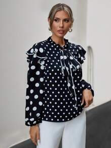 SHEIN Privé 女士波點領結荷葉邊上衣 - 黑與白 - 查看 5