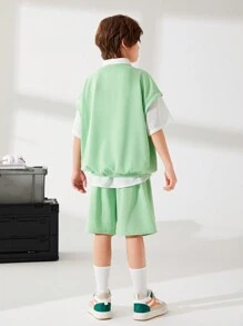 男孩休閒純色背心針織立領襯衫短褲套裝針織背心紐帶短袖襯衫3件/套 - 彩色 - 查看 2