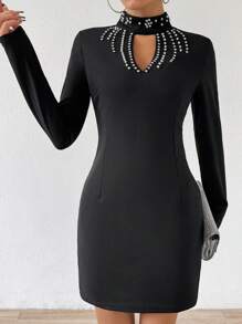 Chiquease Damen Perle Verziertes Kleid Mit Durchbrochenem Kragen - Schwarz - Übersicht 5