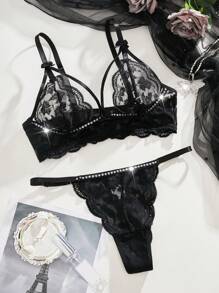 Conjunto De Lencería Sexy Con Encaje De Lentejuelas Y Transparencias