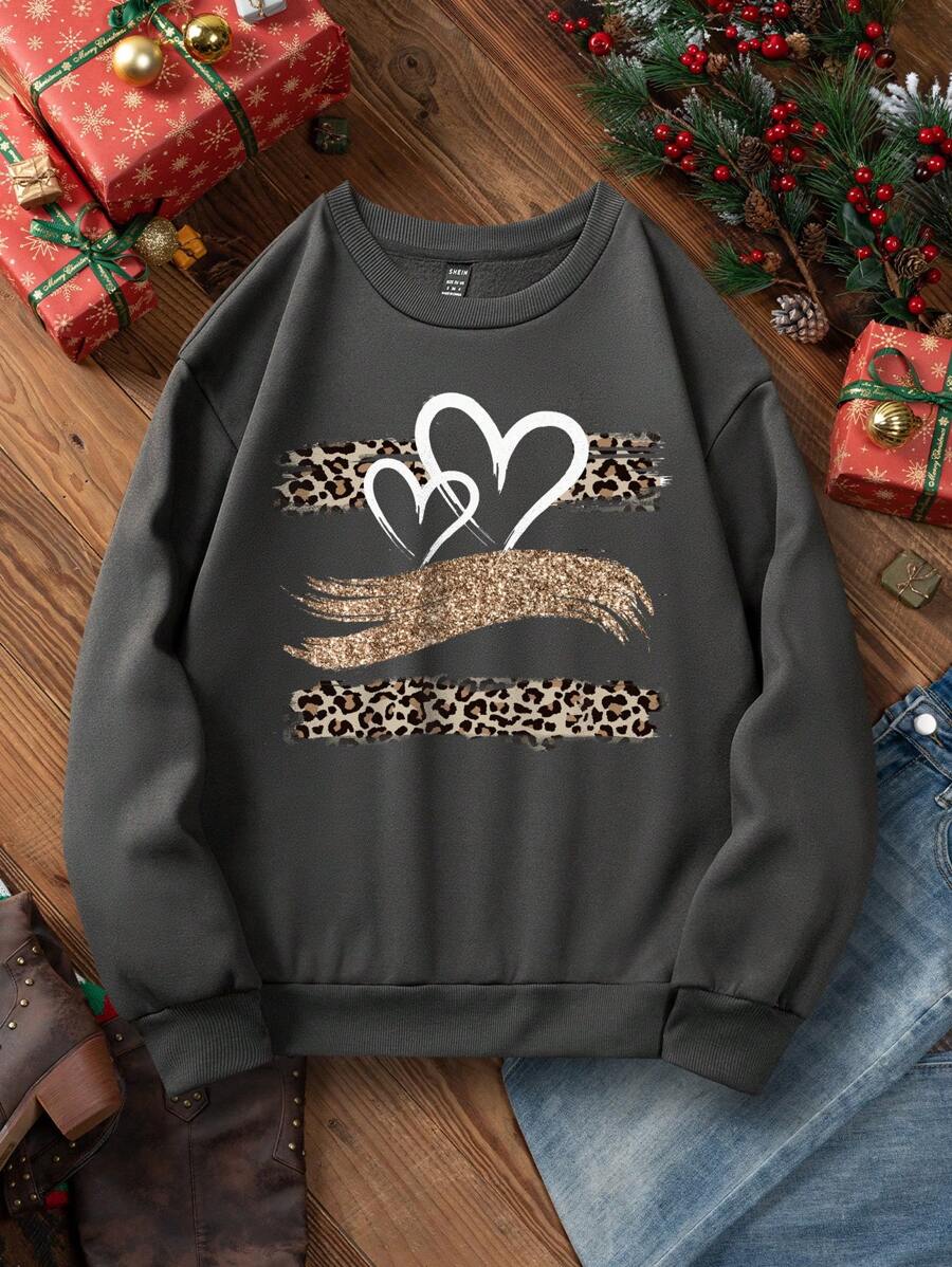 SHEIN LUNE Áo nỉ lót nhiệt in họa tiết da báo và trái tim cho nữ - Màu xám đen - Xem 1