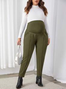 SHEIN 孕婦加大尺碼純色調節腰部長褲 - 軍綠色 - 查看 3