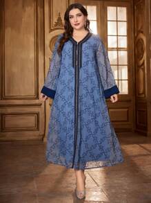 Al Najma Plus Size Contrast Tape Bell Sleeve Dress Kaftan Jalabiya Dress - Dusty Blue - View 6