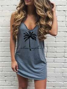 INAWLY Women's Coconut Tree & Letter Print Dress - Blue - View 3