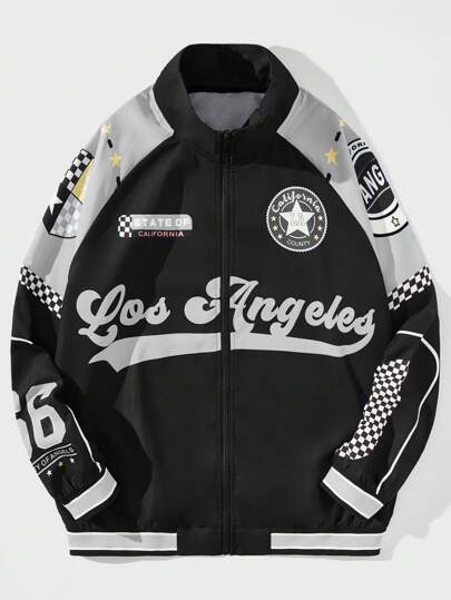 Street Life Men's Stand Collar Jacket With Letter Graphic, School