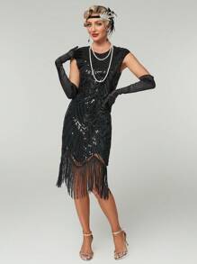 女士亮片流苏装饰派对礼服优雅鸡尾酒半正式舞会婚礼宾客礼服，适合生日、毕业典礼、晚宴、返校节 - 黑色 - 查看 2