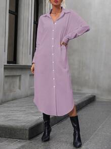 SHEIN Clasi Solid Color Shirt Dress - Lilac Purple - View 5