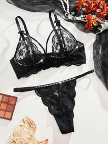 Conjunto De Lencería Sexy Con Encaje De Lentejuelas Y Transparencias