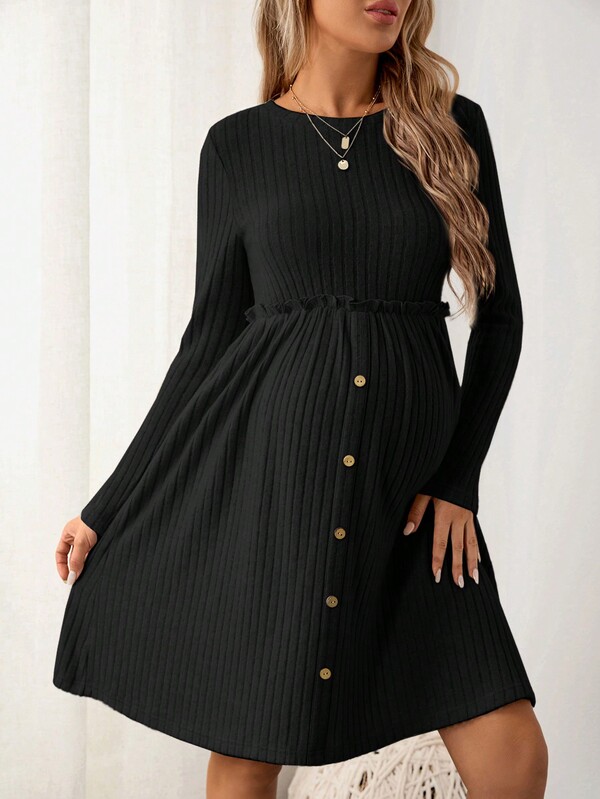 SHEIN Maternity Ruffle Trim Button Front Decorated Dress