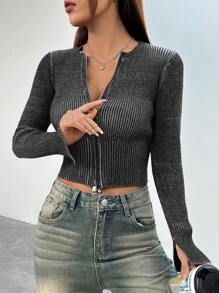 SHEIN EZwear Slim Fit Short-Length Long Sleeve Zipper Cardigan - Black - View 4