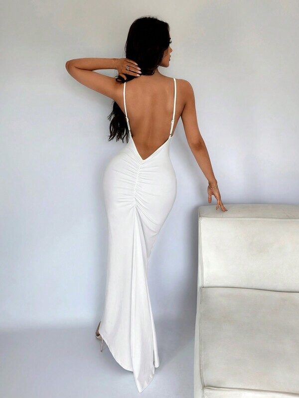 SHEIN SXY Summer Sexy Open Back Fishtail White Prom Dress,White Graduation Dress