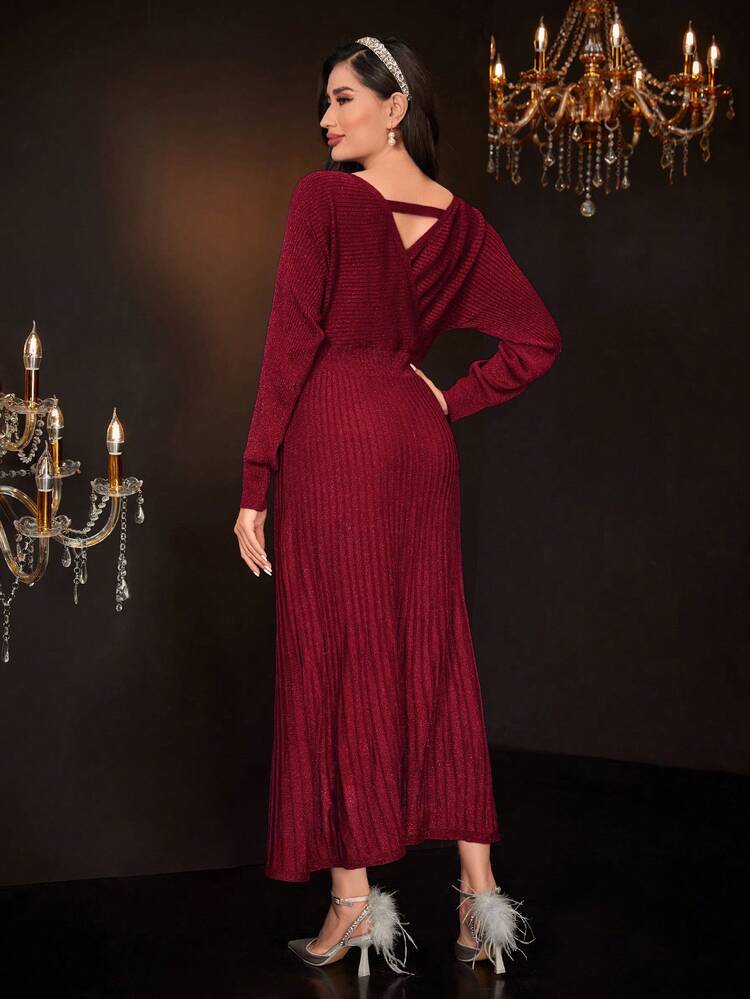 Women'S V-Neck Batwing Sleeve Sweater Dress