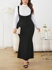 SHEIN Privé 大尺碼純色美人魚風格吊帶連身裙 - 黑色 - 查看 6