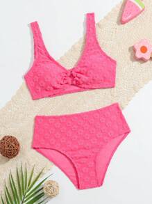 Tankini Con Cuello Halter En Jacquard Para Niña Tween - Rosa Fucsia - Ver 1