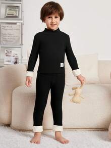 SHEIN Young Boy Fitted Casual Plush Patchwork T-Shirt And Pants 2pcs/Set Snug Fit Homewear - Black - View 8