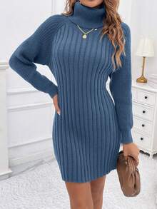 SHEIN Privé Màu thuần Cổ cao Sọc Đầm Áo len - Màu xanh bụi bặm - Xem 3