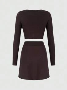 SHEIN Unity 2pcs/Set Brown Knitted V-Neck Sweater And Knitted Skirt Fall Cloth For Women - Coffee Brown - View 2