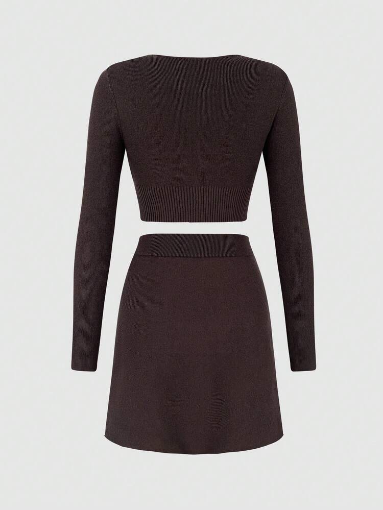 2pcs/Set Brown Knitted V-Neck Sweater And Knitted Skirt Fall Cloth For Women