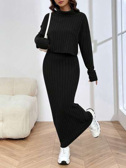 SHEIN EZwear Knitted Women's Turtleneck Ribbed Long Sleeve Top And Skirt Set