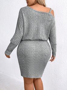 SHEIN LUNE Plus Size Asymmetrical Neckline Long Sleeve Dress - Grey - View 2