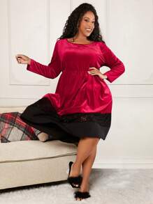 SHEIN CURVE+ Talla grande Vestido Navidad con encaje en contraste bajo con fruncido de terciopelo - Multicolor - Ver 7