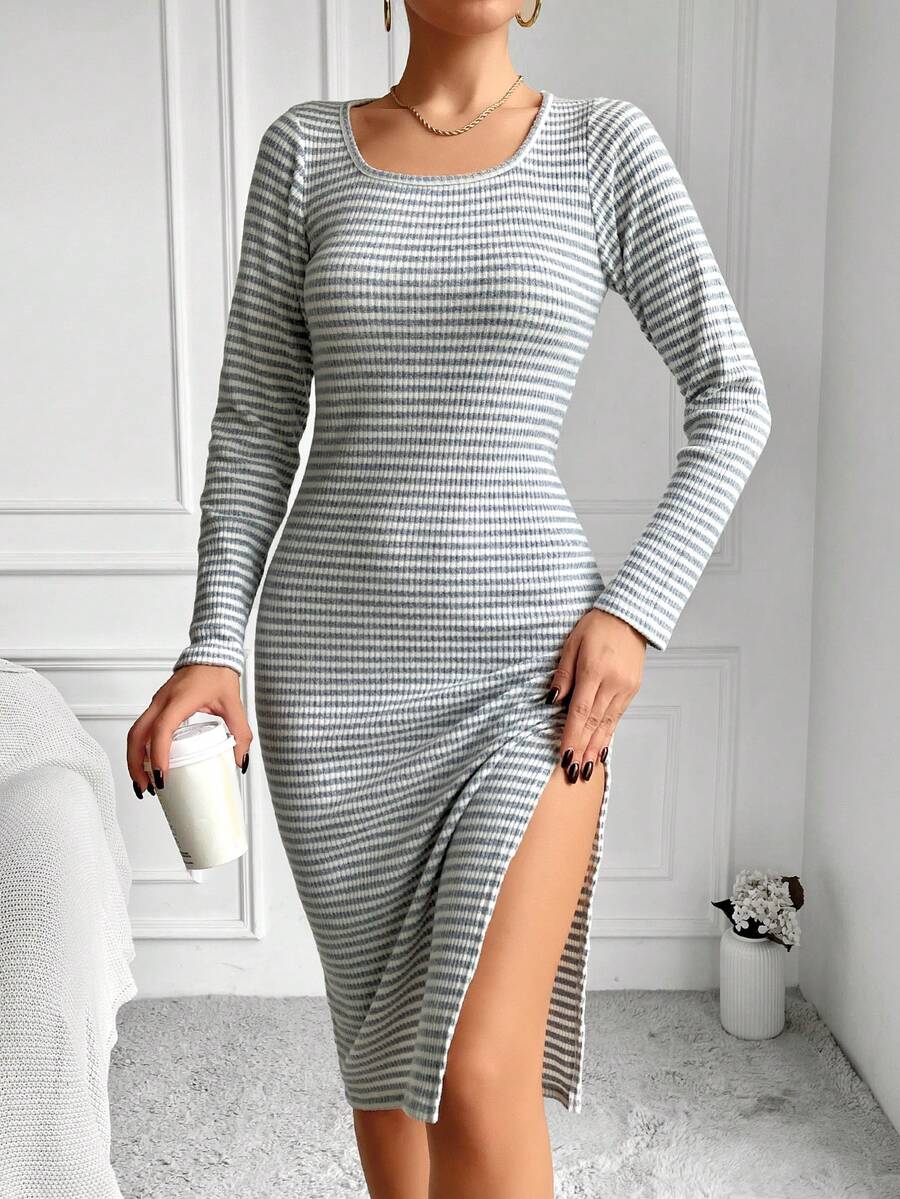 EURMUSE Striped Side Slit Long Sleeve Dress - Grey - View 1