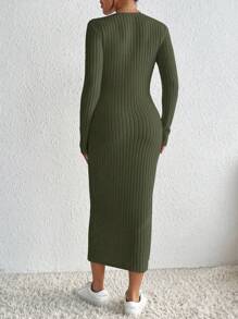 SHEIN Essnce Solid Color Ribbed Knit Dress - Olive Green - View 2