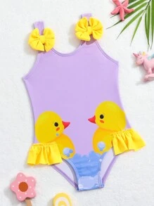 Costume Da Bagno Monopezzo Con Volant Stampato Con Cartone Animato Di Anatra Per Bambina Con Dettaglio Fiocco