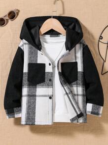 SHEIN 幼童男孩格紋灰混紡卡其拼接連帽休閒外套 - 黑色 - 查看 1