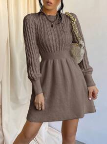 Màu thuần Tay áo dài Vòng cổ Đầm Áo len - Màu nâu  Mocha - Xem 3