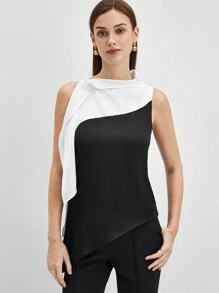 BizChic Women's Sleeveless Color-Blocking Asymmetrical Hem Blouse - Black and White - View 6