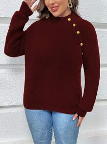 SHEIN LUNE 大码女式插肩长袖针织套头衫，秋冬款 - 酒紅色 - 查看 3