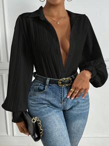 SHEIN Privé Solid Color Lantern Sleeve Shirt - Black - View 3