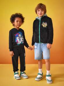 ANIMANIACS X SHEIN Young Boy Cartoon Printed Hooded Sweatshirt And Sports Pants Set - Black - View 6