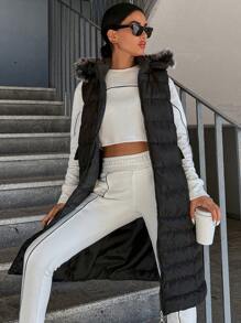 EURMUSE Fuzzy Trim Hooded Puffer Vest Coat - Black - View 5