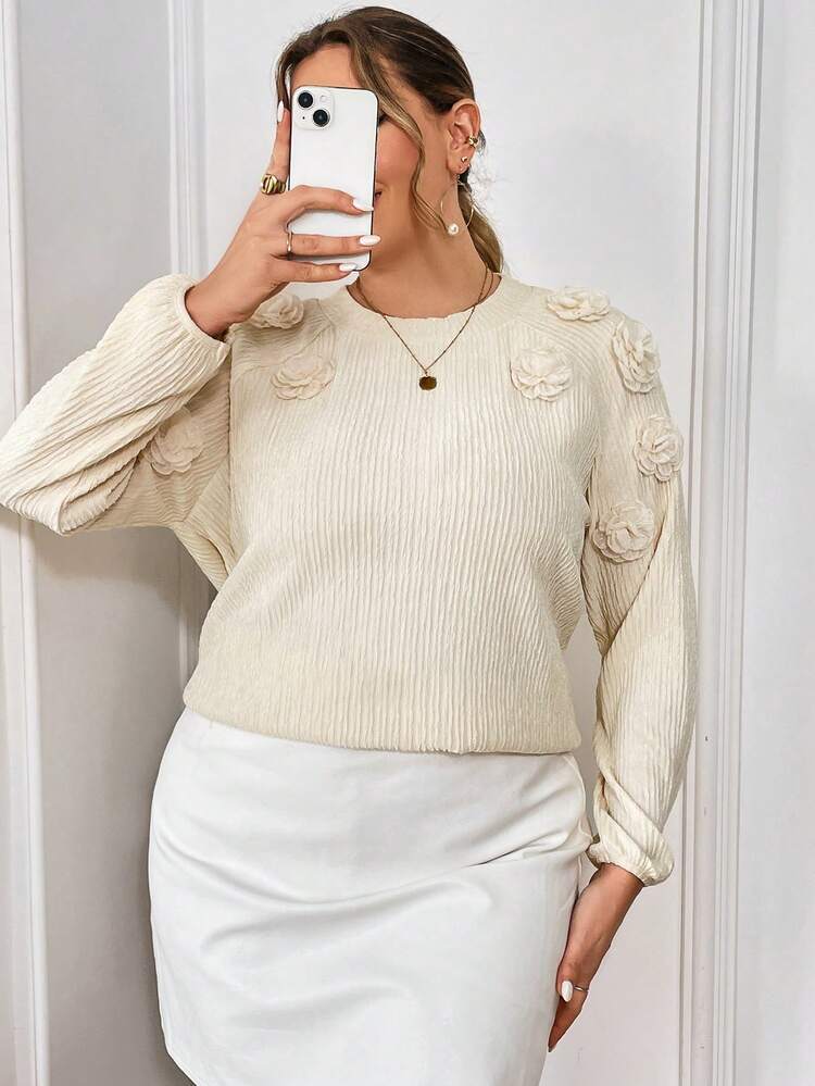 Plus Size Women'S 3d Flower Decorated Raglan Sleeve Long Sleeve T-Shirt