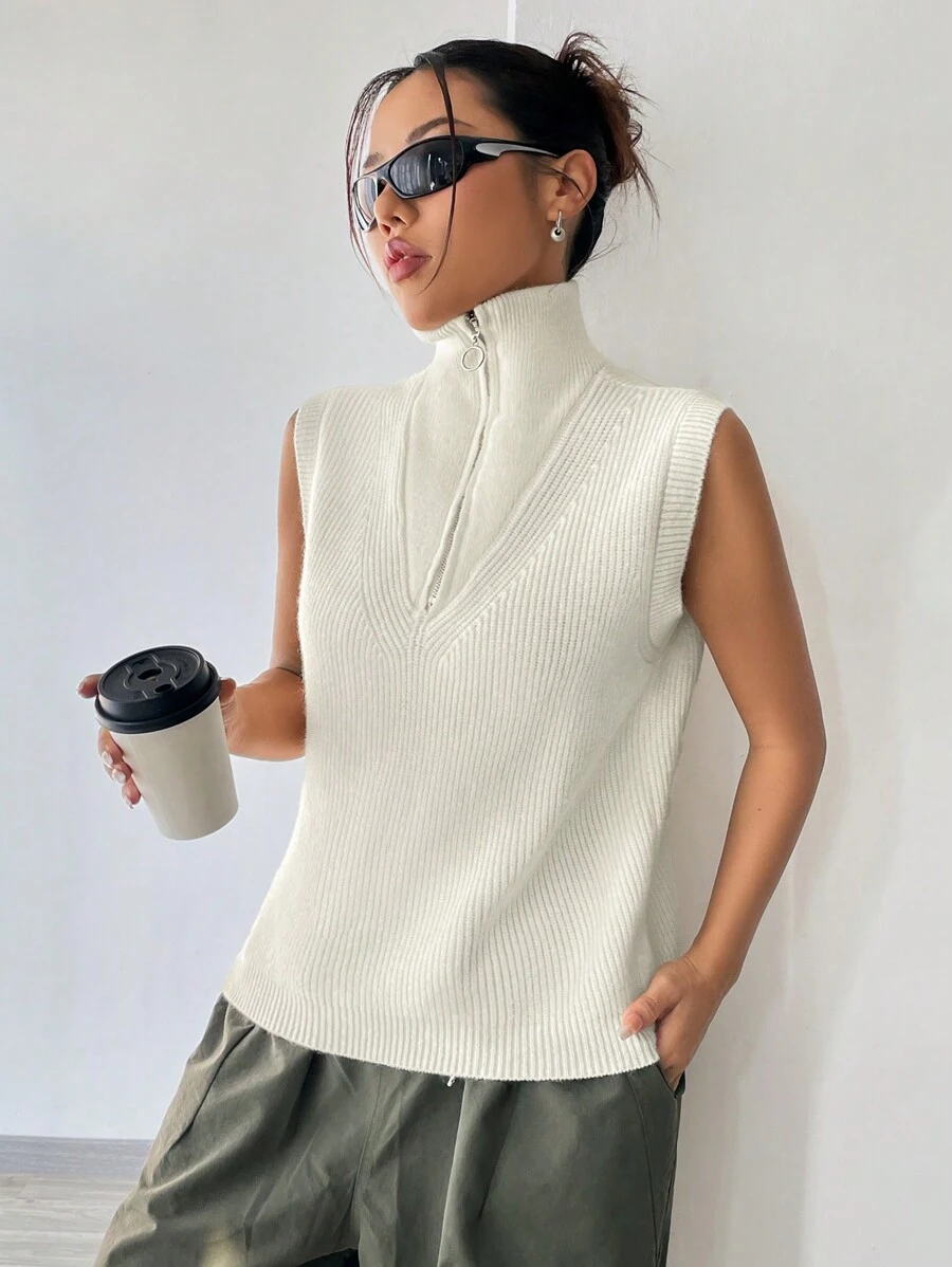SHEIN Unity Zipper Turtleneck Solid Color Sweater Vest - White - View 1