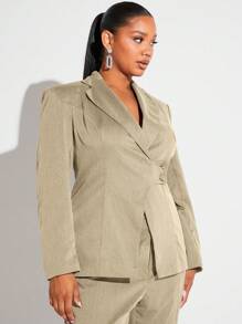 SHEIN SXY Plus Size Lapel Collar Wrap Single Breasted Suit Jacket - Khaki - View 3