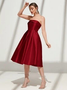 SHEIN Belle 勃艮第红色露肩缎面正式晚礼服、婚礼宾客礼服、派对礼服、舞会礼服 - 酒紅色 - 查看 3