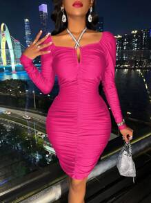 SHEIN Slayr 長袖修身連身裙 - 玫紅色 - 查看 3