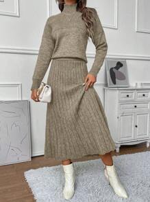SHEIN LUNE Elegant Women's Raglan Long Sleeve Sweater And Knit Skirt Two Piece Set - Mocha Brown - View 5