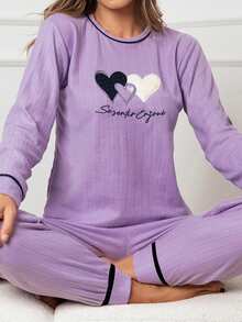 RueChic 愛心和字母圖案撞色滾邊休閒服套裝 - 紫色 - 查看 3