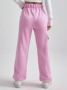 EURMUSE Flap Pocket Side Solid Sweatpants - Coral Pink - View 2
