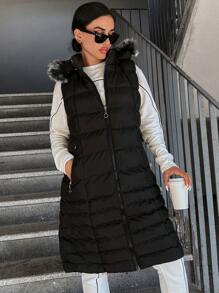 EURMUSE Fuzzy Trim Hooded Puffer Vest Coat - Black - View 1