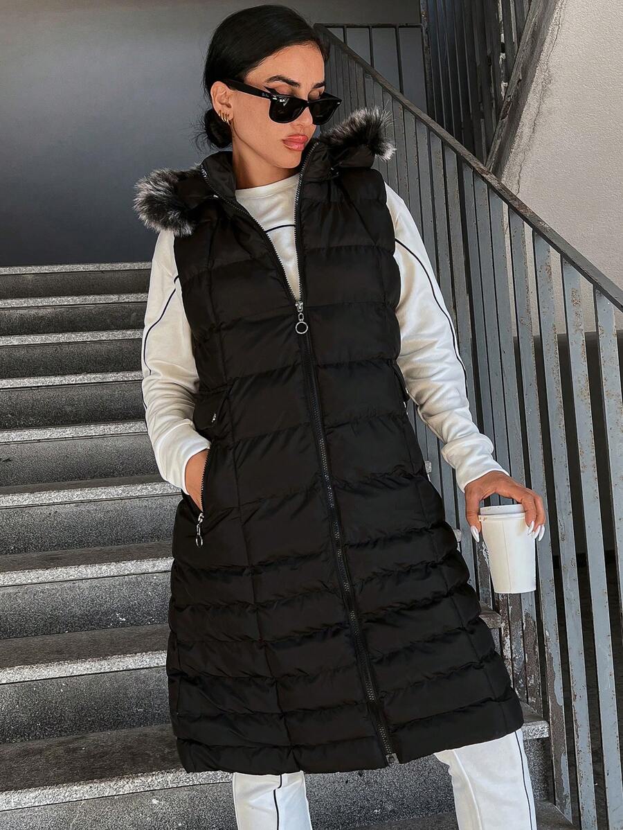 EURMUSE Fuzzy Trim Hooded Puffer Vest Coat - Black - View 1