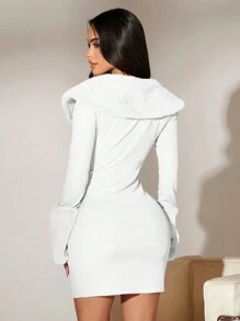 SHEIN SXY 女士毛絨翻領長袖修身連衣裙 - 白色 - 查看 2